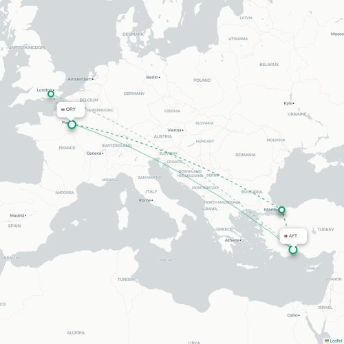 Mapa de vuelo directo Antalya - París