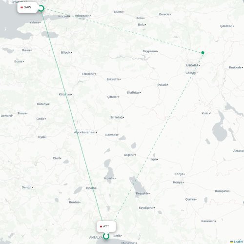 Mapa de vuelo directo Antalya - Estambul