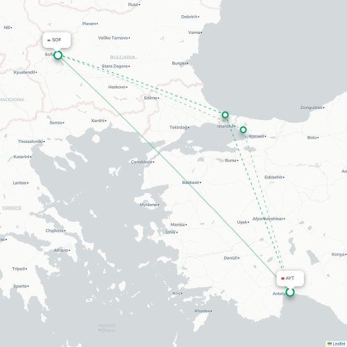 Mapa de vuelo directo Antalya - Sofía