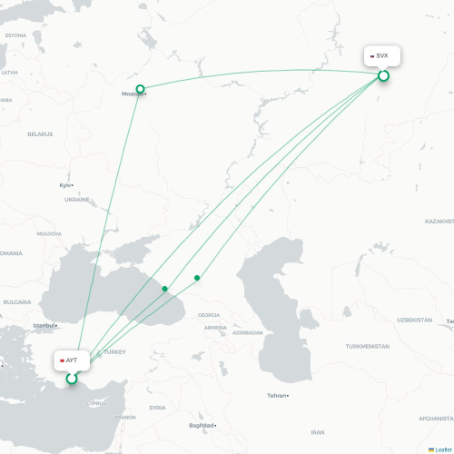 Mapa de vuelo directo Antalya - Ekaterinburgo