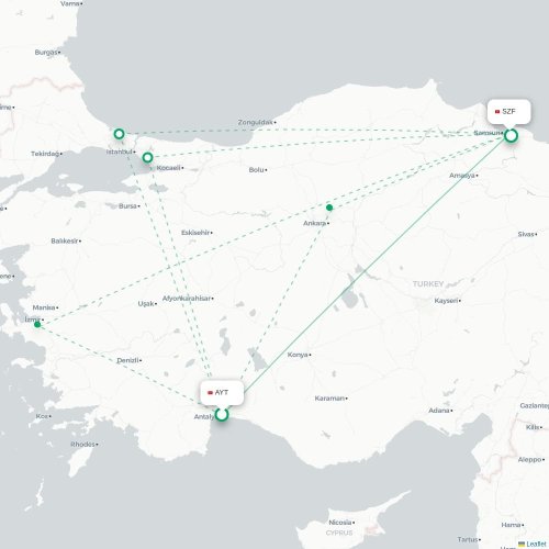 Mapa de vuelo directo Antalya - Samsun