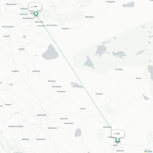 Mapa lotu bezpośredniego Jezd – Teheran