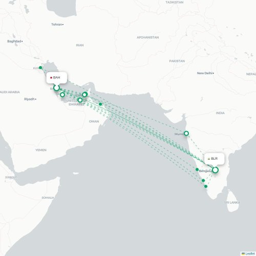Mapa de vuelo directo Manama - Bangalore