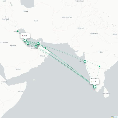 Mapa de vuelo directo Manama - Cochín