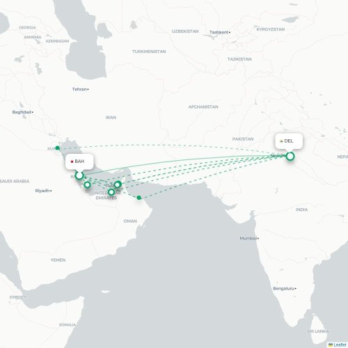 Mapa de vuelo directo Manama - Nueva Delhi