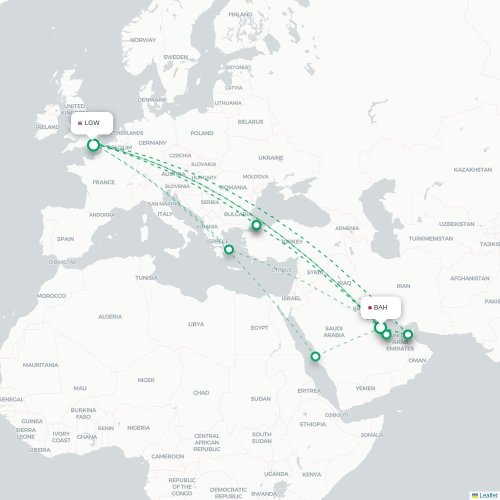 Mapa de vuelo directo Manama - Londres