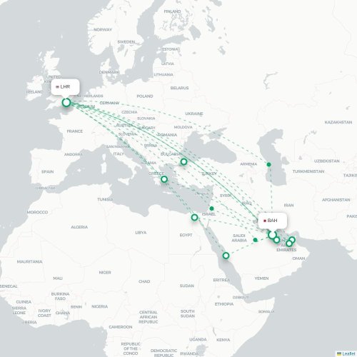 Mapa de vuelo directo Manama - Londres