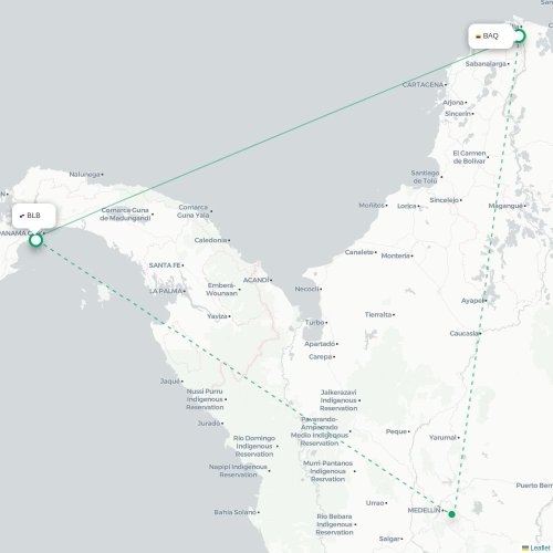 Barranquilla – Panamá suoran lennon kartta