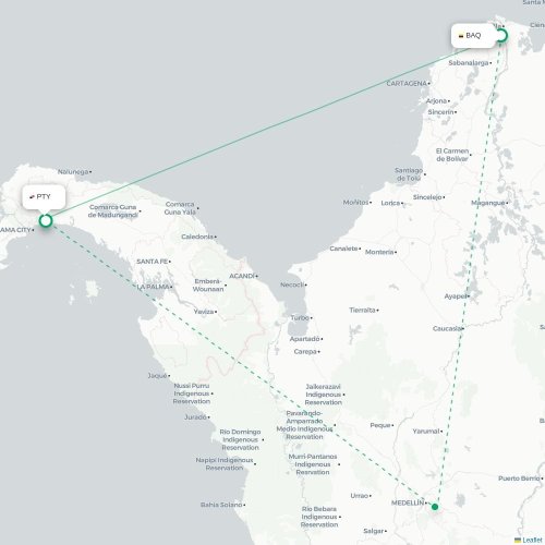 Barranquilla - Panama-stad kaart van rechtstreekse vlucht