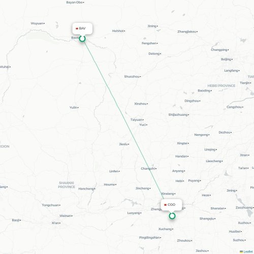 Mapa de vuelo directo Baotou - Zhengzhou