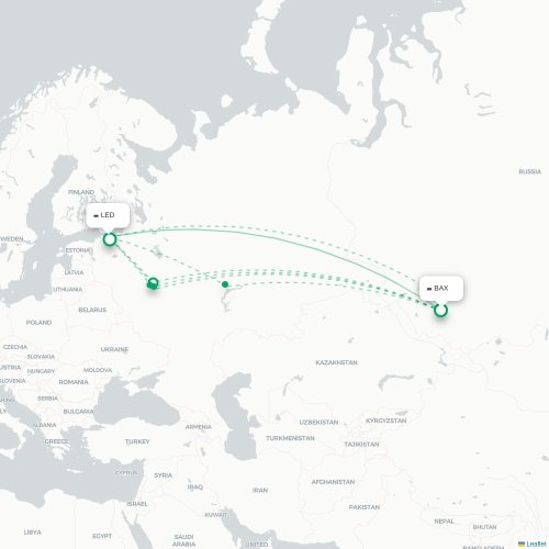 Mapa de vuelo directo Barnaúl - San Petersburgo