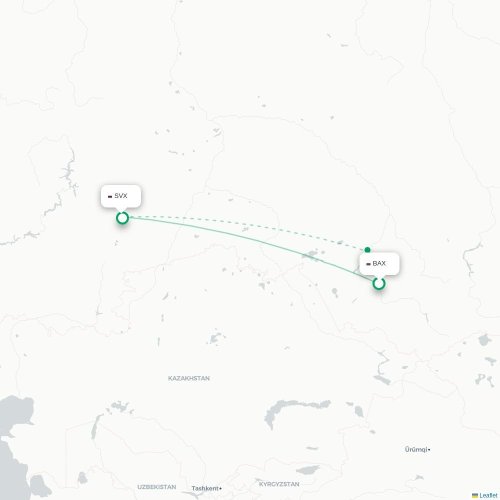Mapa de vuelo directo Barnaúl - Ekaterinburgo