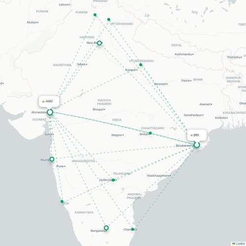 Mapa de vuelo directo Bhubaneswar - Ahmedabad