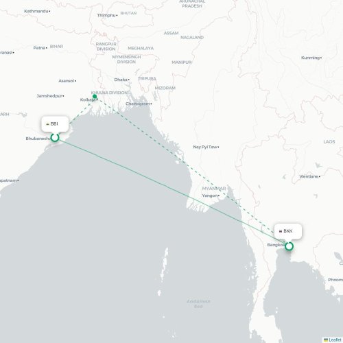 Bhubaneswar – Bangkok suoran lennon kartta