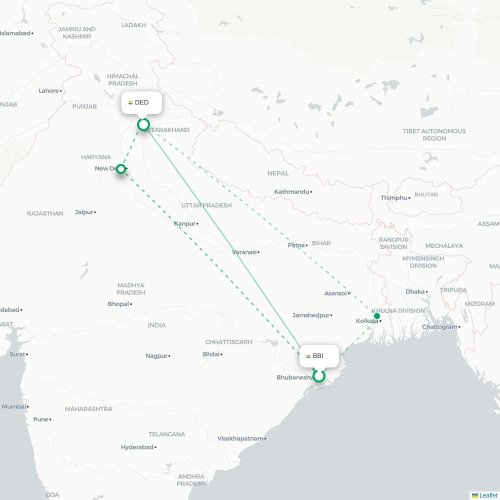 Mapa lotu bezpośredniego Bhubaneśwar – Dehradun