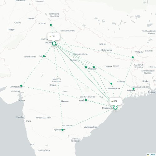 Mapa lotu bezpośredniego Bhubaneśwar – Nowe Deli