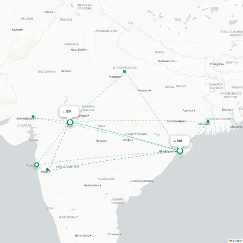 Mapa lotu bezpośredniego Bhubaneśwar – Indore