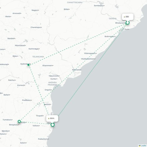 Mapa lotu bezpośredniego Bhubaneśwar – Madras