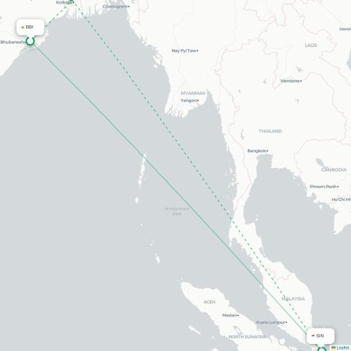 Mapa lotu bezpośredniego Bhubaneśwar – Singapur