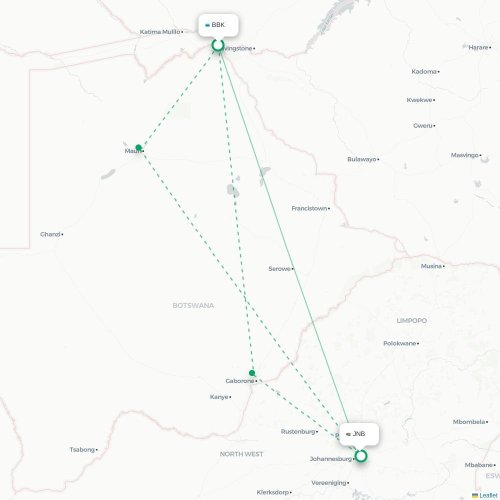 Mapa lotu bezpośredniego Kasane – Johannesburg