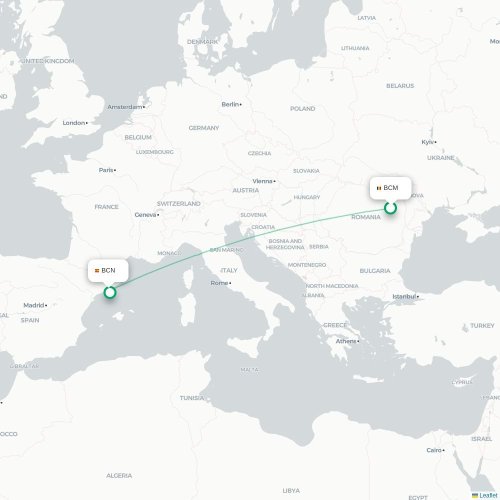 Bacău - Barcelona kort over direkte fly