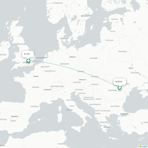 Mapa de vuelo directo Bacău - Londres