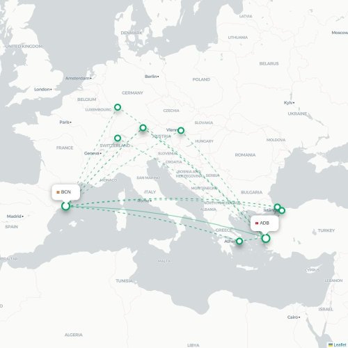 Mapa de vuelo directo Barcelona - Esmirna