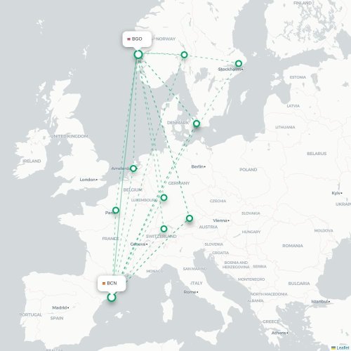 Mapa de vuelo directo Barcelona - Bergen