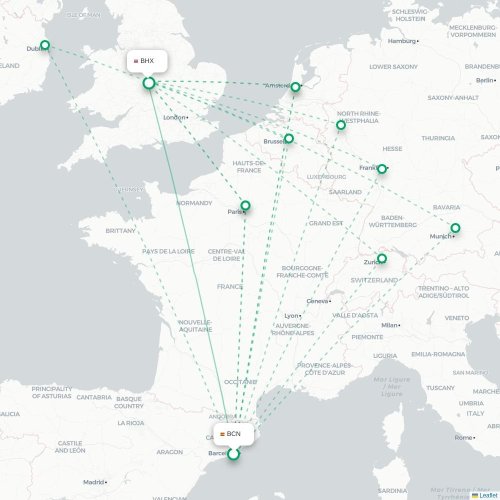 Mapa de vuelo directo Barcelona - Birmingham