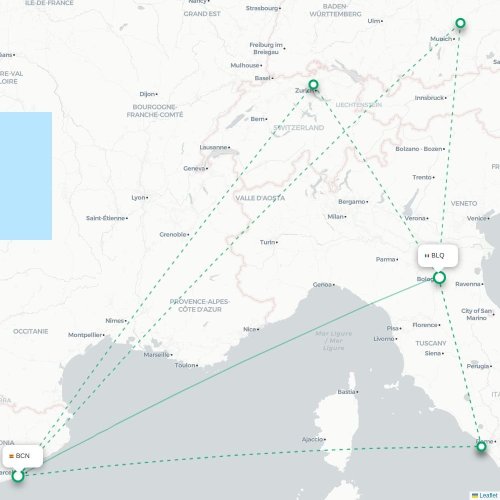 Mapa de vuelo directo Barcelona - Bolonia