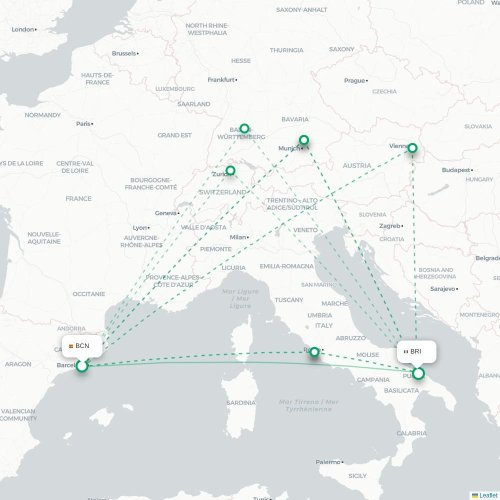 Mapa de vuelo directo Barcelona - Bari