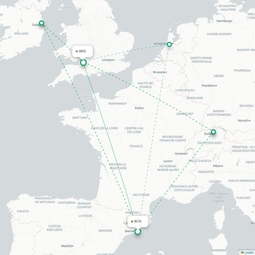 Mapa de vuelo directo Barcelona - Brístol