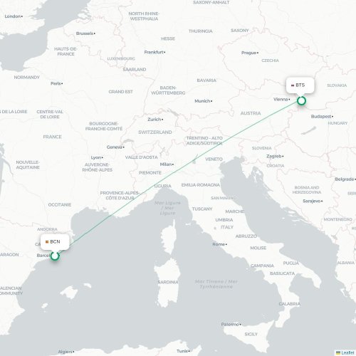 Barcelona – Bratislava suoran lennon kartta