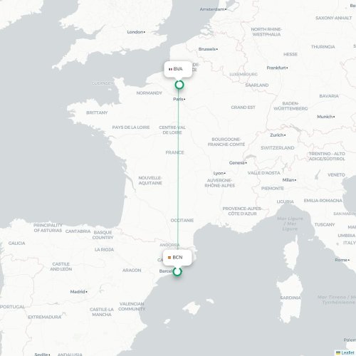 Mapa de vuelo directo Barcelona - París