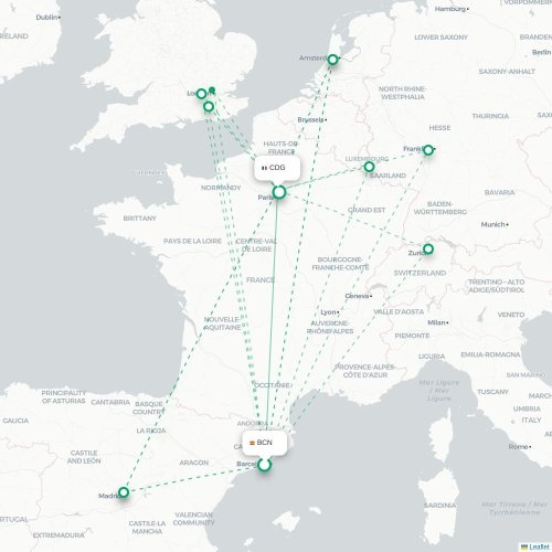 Mapa de vuelo directo Barcelona - París
