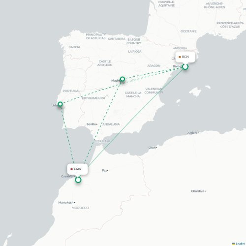 Mapa de vuelo directo Barcelona - Casablanca