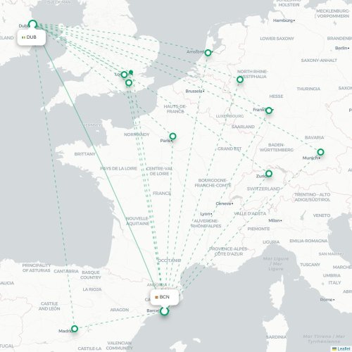 Mapa lotu bezpośredniego Barcelona – Dublin