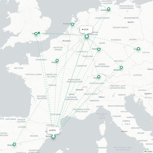 Mapa de vuelo directo Barcelona - Düsseldorf