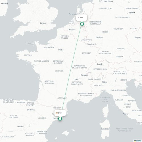 Barcelona - Eindhoven kaart van rechtstreekse vlucht