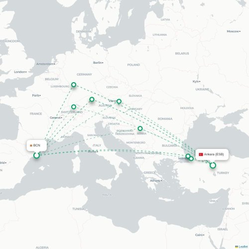 Mapa de vuelo directo Barcelona - Angora