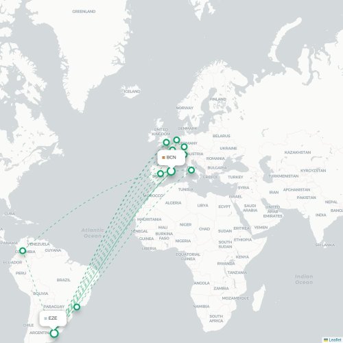Mapa lotu bezpośredniego Barcelona – Buenos Aires