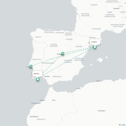 Mapa de vuelo directo Barcelona - Faro