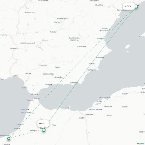 Mapa de vuelo directo Barcelona - Fez