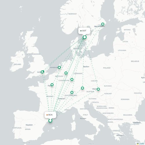 Mapa lotu bezpośredniego Barcelona – Goteburg
