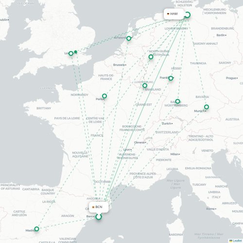 Mapa de vuelo directo Barcelona - Hamburgo