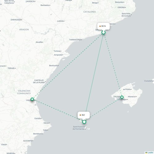 Mapa de vuelo directo Barcelona - Ibiza