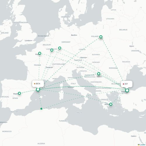 Mapa de vuelo directo Barcelona - Estambul