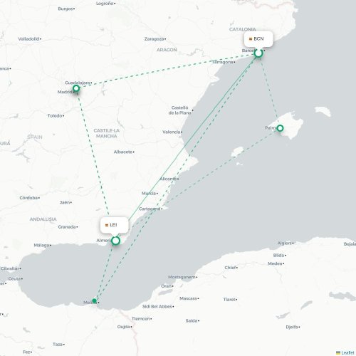Mapa de vuelo directo Barcelona - Almería