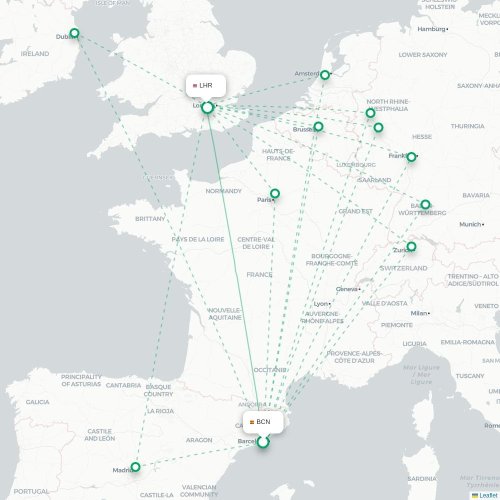 Mapa de vuelo directo Barcelona - Londres