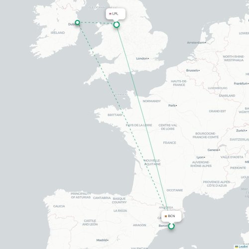 Mapa de vuelo directo Barcelona - Liverpool